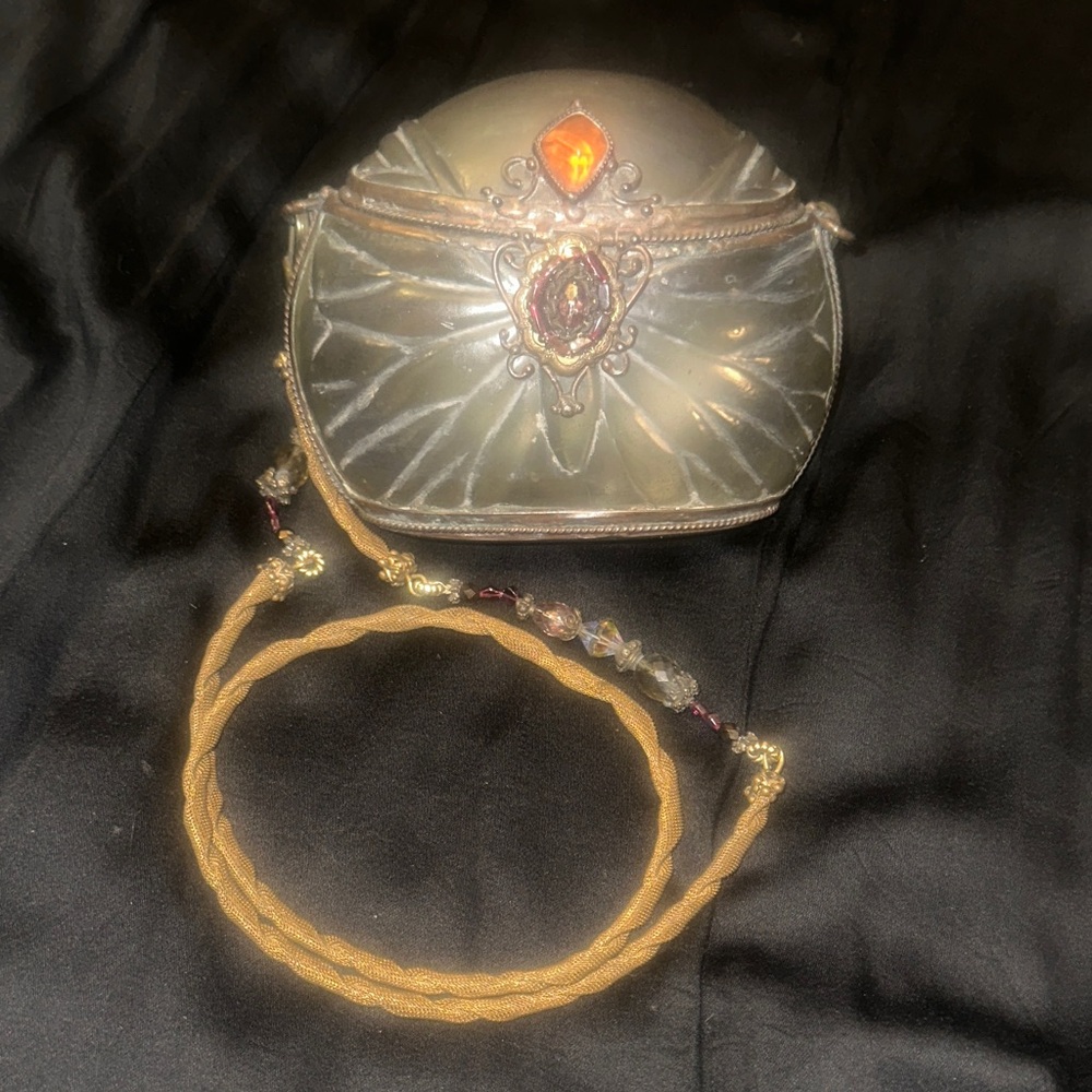 Maya Vintage Carved Beaded Evening Bag in Grey /Green with Gold Tones & Strap
